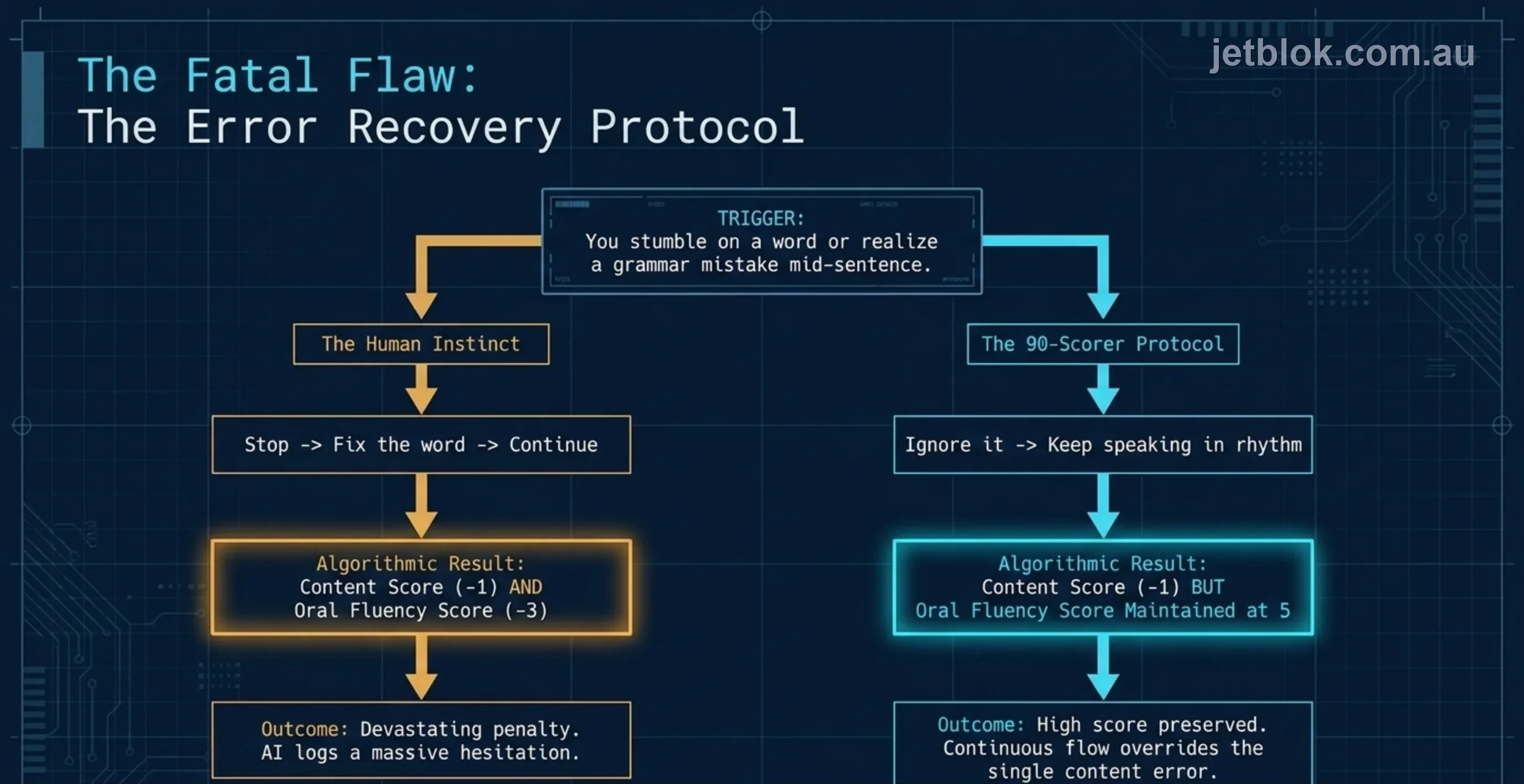 The error recovery protocol — human instinct to stop and fix vs 90-scorer protocol to keep flowing